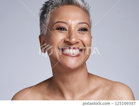 Mature woman in antiaging and beauty advertising, face care with skincare and happy with natural cosmetics mockup. Makeup, treatment and facial with healthy skin motivation against studio background. 125109387