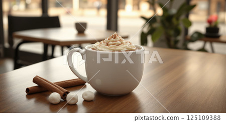 A simple, white ceramic mug filled with hot chocolate topped with whipped cream and a sprinkle of cocoa powder, placed 125109388