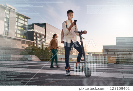 Hologram, man and phone for travel, futuristic communication and trendy technology for commute with scooter. Digital connection, male and search online for innovation and social media on smartphone. Hologram, man and phone for travel, futuristic communication and trendy technology for commute with scooter. Digital connection, male and search online for innovation and social media on smartphone. 125109401
