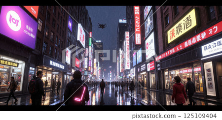 Cyberpunk Street Scene A bustling cyberpunk street at night, lined with towering neon signs in vibrant shades of purple, red, and green. Rain-soaked 125109404