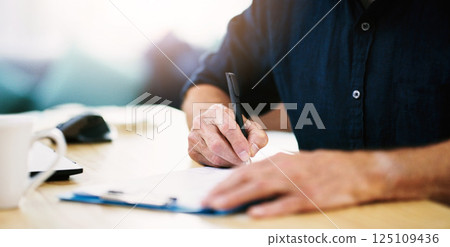 Notes, planning and hands of businessman writing on paper, documents and form in house. Administration, paperwork and remote employee working and giving signature on a contract for entrepreneur work Notes, planning and hands of businessman writing on paper, documents and form in house. Administration, paperwork and remote employee working and giving signature on a contract for entrepreneur work 125109436