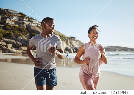 Beach fitness, running and happy black couple, friends or people workout for cardio commitment, exercise or body health. Sand freedom, peace and athlete team or sports runner doing outdoor training 125109451