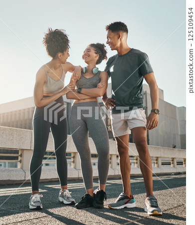 City running friends, group smile and laugh together on road after run in town for outdoor summer workout, fitness exercise and training for marathon. Happy black athletes, man and women after cardio 125109454