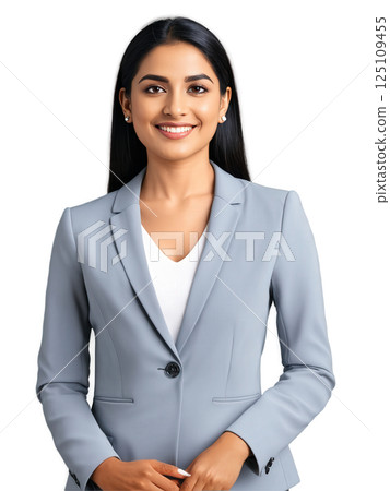 Portrait of a smiling South Asian woman with medium-length black hair, dressed in a formal gray jacket. Her approachable 125109455