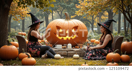 Witches creating a magical pumpkin retreat, where people come to relax, rejuvenate, and embrace the seasonal changes surrounded by pumpkins and peaceful 125109472