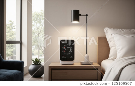 A smart AI-powered bedside table with a built-in alarm clock, wireless charging station, and sleep tracking capabilities. The table can suggest the ideal A smart AI-powered bedside table with a built-in alarm clock, wireless charging station, and sleep tracking capabilities. The table can suggest the ideal 125109507