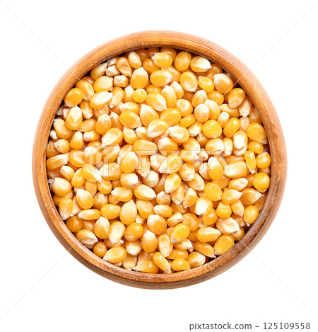 Unpopped popcorn kernels in wooden bowl. Seeds of Zea mays variety everta, rounded at the top, which expand and puffs up, when heated. Snack food, sometimes sold as pearls, nonpareils, and old maids. 125109558