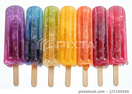 Popsicle with rainbow colors on a long stick on a white background. Summer fun. Retro style. Popsicle with rainbow colors on a long stick on a white background. Summer fun. Retro style. 125109560