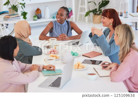 Business people, diversity and meeting or social discussion in team building, planning or ideas at the office. Happy group of creative employee workers enjoying team conversation in business strategy 125109638