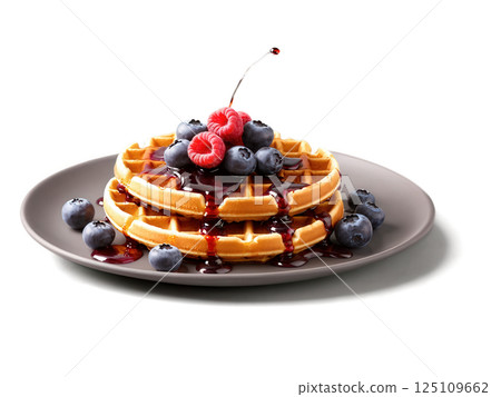 Golden crispy Waffle topped with fresh berries and syrup, soft brown and red hues, isolated 125109662