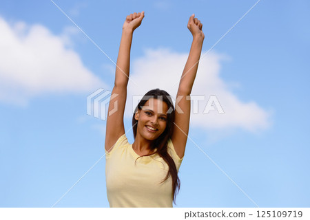 Freedom, energy and woman in nature against a blue sky to relax with peace, happiness and smile. Excited, free and Indian girl in her youth happy with enthusiasm and enjoying outdoor living in summer Freedom, energy and woman in nature against a blue sky to relax with peace, happiness and smile. Excited, free and Indian girl in her youth happy with enthusiasm and enjoying outdoor living in summer 125109719
