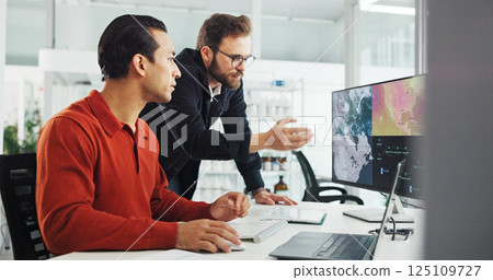 Collaboration, computer screen and weather with business men in office for renewable energy or sustainability. Ecology, electricity and teamwork with map on display for development or engineering Collaboration, computer screen and weather with business men in office for renewable energy or sustainability. Ecology, electricity and teamwork with map on display for development or engineering 125109727