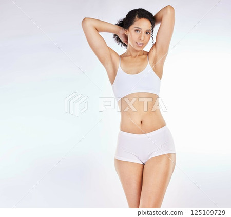 Woman, white background or body underwear in studio exercise diet, Brazilian workout or training progress check. Portrait, beauty or fitness model with lingerie for self love, healthcare or wellness Woman, white background or body underwear in studio exercise diet, Brazilian workout or training progress check. Portrait, beauty or fitness model with lingerie for self love, healthcare or wellness 125109729