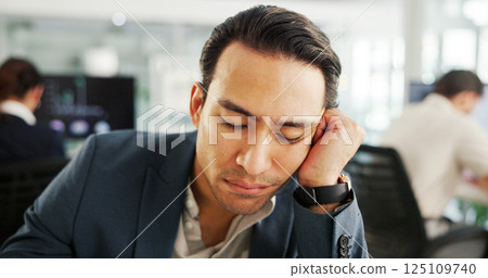Business, man and tired with sleeping in office for corporate burnout, low energy and fatigue. Exhausted, lazy employee and rest at workplace for mental health, dreaming and bored with administration 125109740