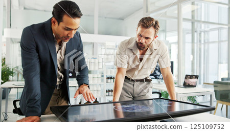 Men, discussion or screen with brain x ray for medical examination or neurology study at office. Health professionals, neurologist or surgeons with interactive display, MRI or CT scan on test results 125109752