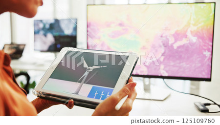 Screen, engineer and employee with tablet, hands and plan for windmill design, online and renewable energy. Office, designer and person with tech for wind turbine, economic benefits and eco friendly 125109760