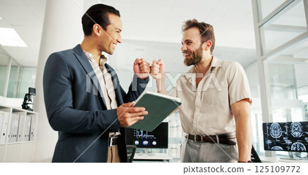 Happy doctors, tablet and success with fist bump for neurology study, results or good news at office. Men, medical workers or employees with smile on technology for new discovery, MRI or brain scan Happy doctors, tablet and success with fist bump for neurology study, results or good news at office. Men, medical workers or employees with smile on technology for new discovery, MRI or brain scan 125109772