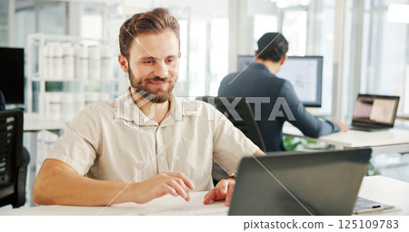 Finance, typing or businessman with laptop for economy news, research or profit evaluation. Budget, financial advisor or economist with information for company revenue growth, payroll or investment 125109783