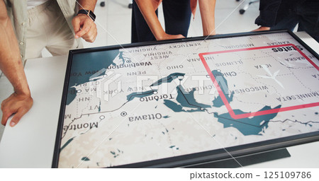 Business people, hands and screen with map or wind turbine for renewable energy development at office. Closeup, employees or technology display with ecosystem for global change or sustainable power 125109786