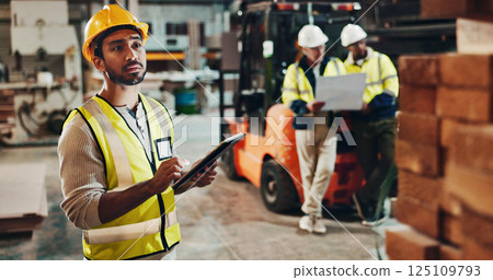 Tablet, building or man in woodwork workshop for furniture manufacturing, renovation or quality control. Check, builder or carpenter with inspection with timber, stock maintenance and research 125109793