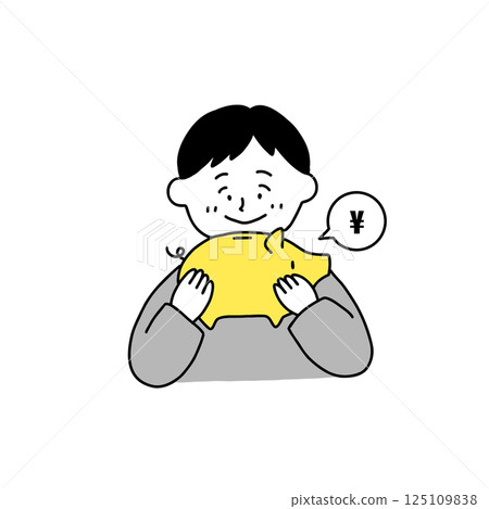 Illustration of a boy happily holding a piggy bank Illustration of a boy happily holding a piggy bank 125109838