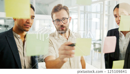 Business, sticky notes and team with planning by glass wall for advertising campaign, brand management or strategy. Marketing manager, people and discussion for budget development and brainstorming Business, sticky notes and team with planning by glass wall for advertising campaign, brand management or strategy. Marketing manager, people and discussion for budget development and brainstorming 125109841