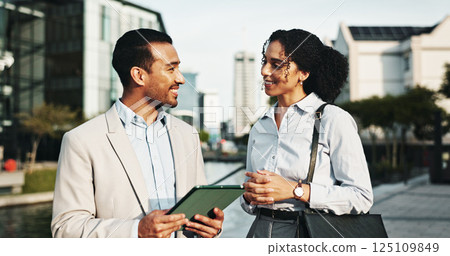 Smile, business and people with tablet in city for planning, engineer team and urban development. Man, woman and happy with digital for information, project management and infrastructure expansion Smile, business and people with tablet in city for planning, engineer team and urban development. Man, woman and happy with digital for information, project management and infrastructure expansion 125109849