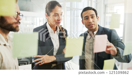 Business, sticky notes and people with planning by glass wall for advertising campaign and project management. Marketing manager, teamwork and creative strategy for ROI monitor or brainstorming ideas 125109862