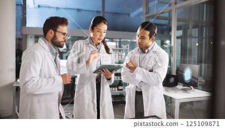 People, scientist and talk in meeting on tablet with research, medical investigation and pharmaceutical report. Staff, explain and digital with planning, biology study and information for brain virus 125109871