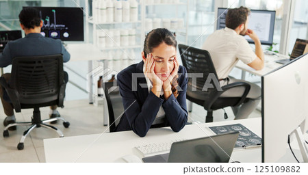 Research, woman and tired by laptop in laboratory with burnout, exhausted and overworked on genomic study. Data analyst, employee and bored with neuroscience experiment, MRI analysis and innovation Research, woman and tired by laptop in laboratory with burnout, exhausted and overworked on genomic study. Data analyst, employee and bored with neuroscience experiment, MRI analysis and innovation 125109882