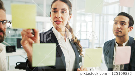 Discussion, writing and woman with sticky notes, colleagues and planning for financial growth and company. Banker, ideas and info for potential investment, mature person and collaboration in business Discussion, writing and woman with sticky notes, colleagues and planning for financial growth and company. Banker, ideas and info for potential investment, mature person and collaboration in business 125109883