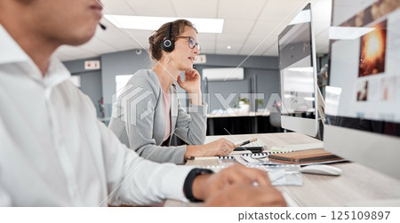 Call center, computer and woman, working or telemarketing agency for customer service advice. Contact us, crm and helpdesk with operator or representative female on online conversation for support 125109897