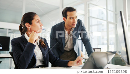 Financial, teamwork or business people on computer for research, economy news or profit evaluation. Budget, manager or economist with finance advisor for revenue growth, sales and investment report 125109898