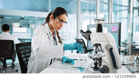 Scientist, woman and research with beaker at lab with sample, liquid and test with pharma career. Person, ppe and equipment with chemical process for medical innovation, vaccine and clinical study 125109900