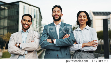 Business people, portrait and confidence with team in city for corporate real estate or agency. Group, employees or realtors with smile or arms crossed for building development or property management 125109955