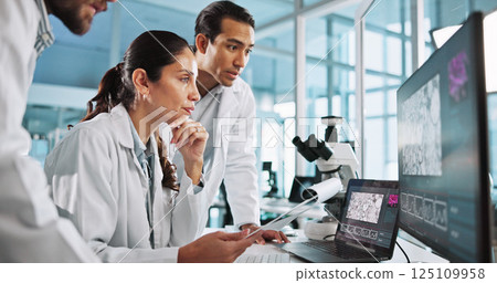 Computer screen, science and thinking with people in laboratory for healthcare, medical or pharmaceutical innovation. Laptop, research and study with scientist team in clinical trial for development 125109958