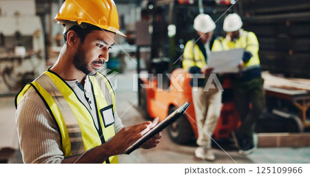 Tablet, building or man in carpentry workshop for furniture manufacturing, renovation or labor. Mentor, apprentice or carpenter with technology for production, remodeling maintenance and research 125109966