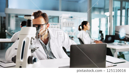 Scientist, man and microscope with research in laboratory for medical analysis and sample testing. Science, equipment and laptop for vaccine development, biology study and pharmaceutical innovation 125110016