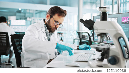 Petri dish, chemical and pharmacy with man in laboratory for healthcare sample, molecular reaction and research. Medicine, vaccine experiment and medical test with person for science and microscope Petri dish, chemical and pharmacy with man in laboratory for healthcare sample, molecular reaction and research. Medicine, vaccine experiment and medical test with person for science and microscope 125110086