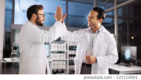 Scientist, men and high five with success at laboratory, smile and goals with medical research, cheers and breakthrough. People, partnership and happy with celebration, innovation and cure for virus 125110091