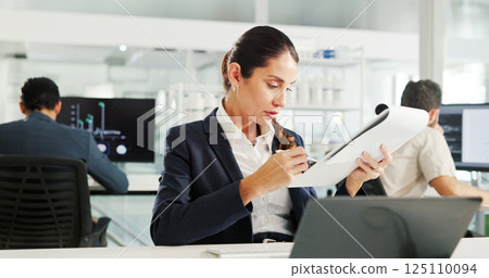 Finance, writing or businesswoman with paperwork for research, economy or profit evaluation. Budget, financial advisor or economist with documents for revenue growth, payroll or investment report 125110094