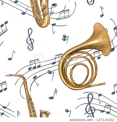 Brass instruments and musical notes on waving staff watercolor seamless pattern isolated background. French horn and saxophone among flying sound symbols for music branding, and concert poster 125110102