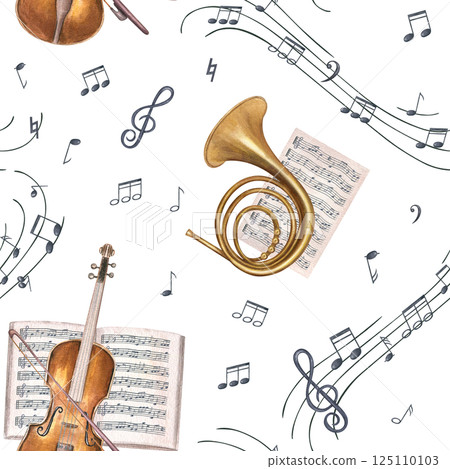 Watercolor French horn, violin with bow, music sheets and musical notes on black staff seamless pattern isolated background. Musical instruments and sound symbols illustration for festival stationery. Watercolor French horn, violin with bow, music sheets and musical notes on black staff seamless pattern isolated background. Musical instruments and sound symbols illustration for festival stationery. 125110103
