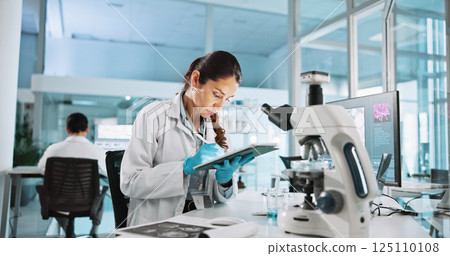 Scientist, woman and tablet with study for biology, breakthrough or medical notes analysis. Biotech, laboratory and microscope with DNA research for pharmaceutical RNA or neurology experiment project 125110108