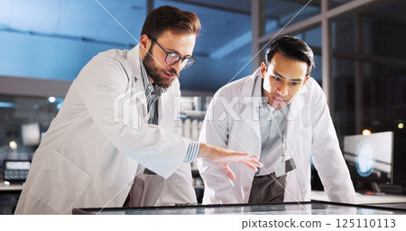 Scientist, people and collaboration with screen for lab review, medical research or teamwork. Technology, interactive display and clinical analysis for studying science data, meeting or results 125110113