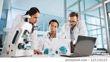 Group, scientist and clipboard in laboratory for medical innovation, research and analysis on laptop. Science discussion, people and computer for healthcare study, planning and medicine development 125110125