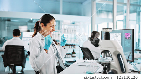 Scientist, woman and microscope with celebration for experiment, breakthrough or medical research study. Biotech, laboratory and excited with DNA on computer screen for pharmaceutical RNA or biology Scientist, woman and microscope with celebration for experiment, breakthrough or medical research study. Biotech, laboratory and excited with DNA on computer screen for pharmaceutical RNA or biology 125110126
