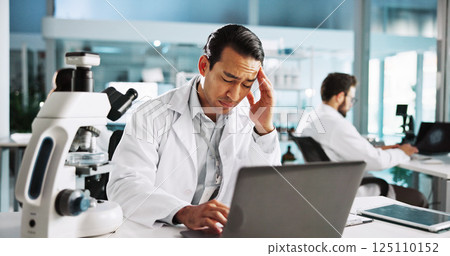 Headache, laptop and stress with man in laboratory for research mistake, clinical trial fail or science. Healthcare error, tired and medical test results with person in clinic for online and glitch Headache, laptop and stress with man in laboratory for research mistake, clinical trial fail or science. Healthcare error, tired and medical test results with person in clinic for online and glitch 125110152