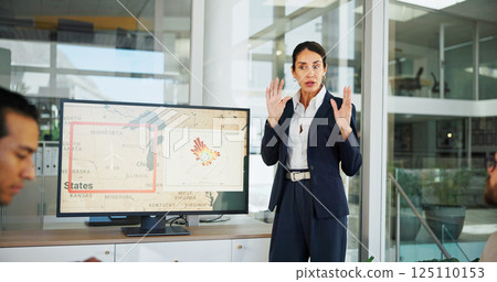 Business woman, screen and meeting with map for presentation, renewable or clean energy at office. Female person, employee or speaker with technology display for wind turbine or global development 125110153