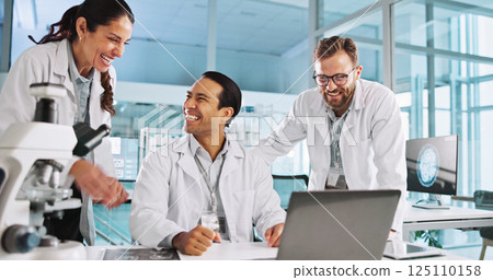 Team, happy scientist and people in lab for cure discovery, breakthrough or innovation discussion. Science worker, medical collaboration and laptop with test results, healthcare research and laugh 125110158